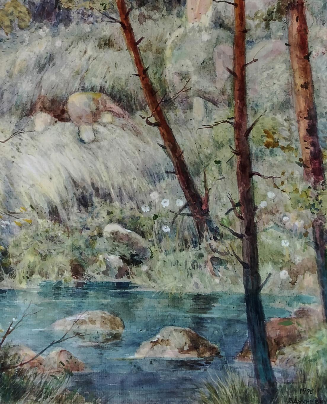 Watercolor painting Earth’s breath at dawn serene forest stream by Vitaly Duhnevich