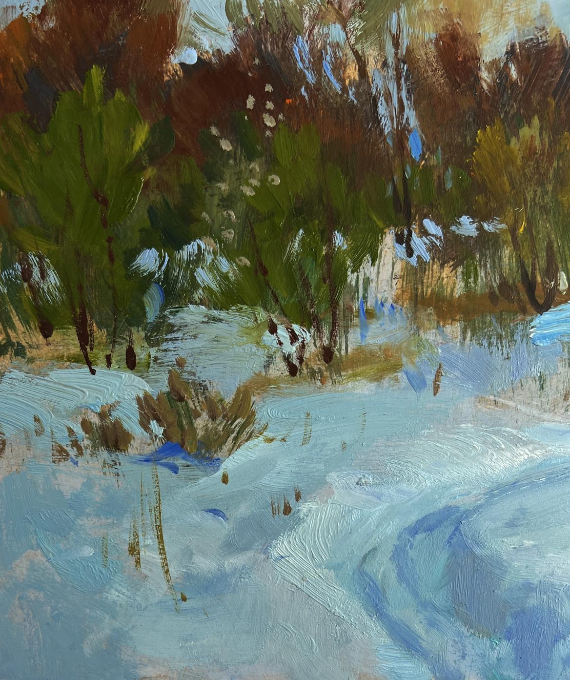 Textured impressionist oil painting of winter forest path by Yuriy Suprunchuk