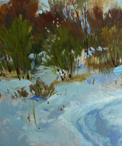 Textured impressionist oil painting of winter forest path by Yuriy Suprunchuk