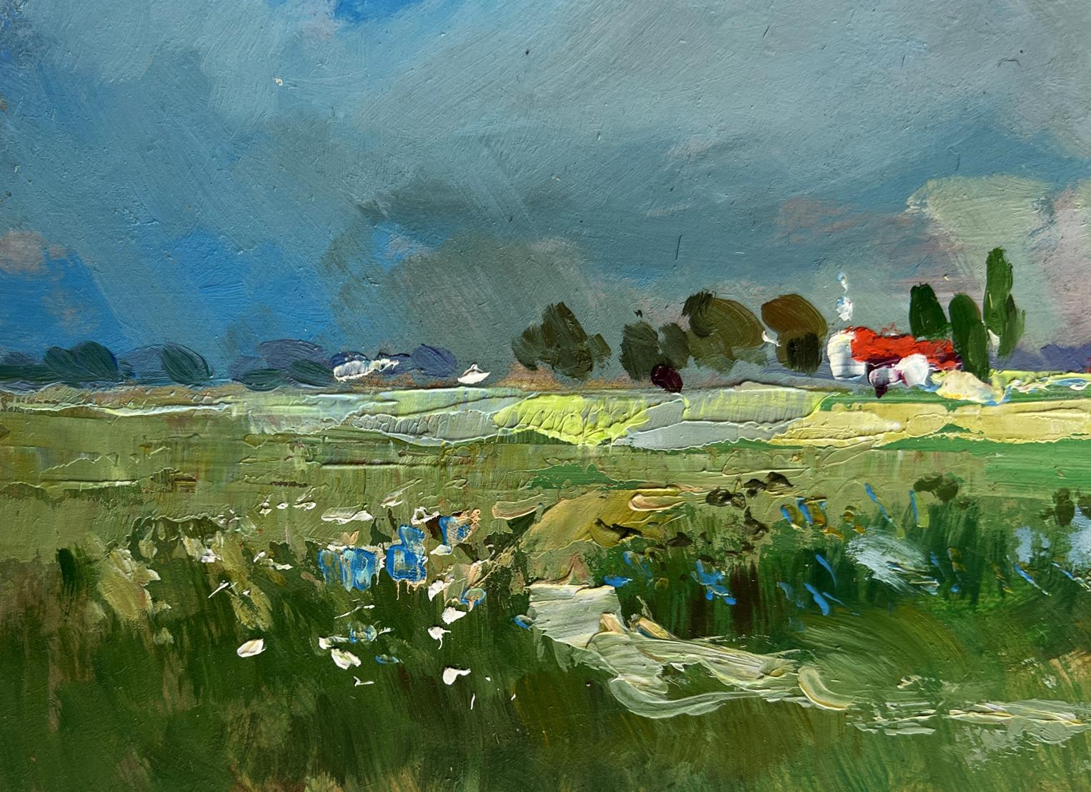 A vibrant impressionist painting of a rolling green field under a dramatic sky, featuring bold brushstrokes and scattered blue flowers.