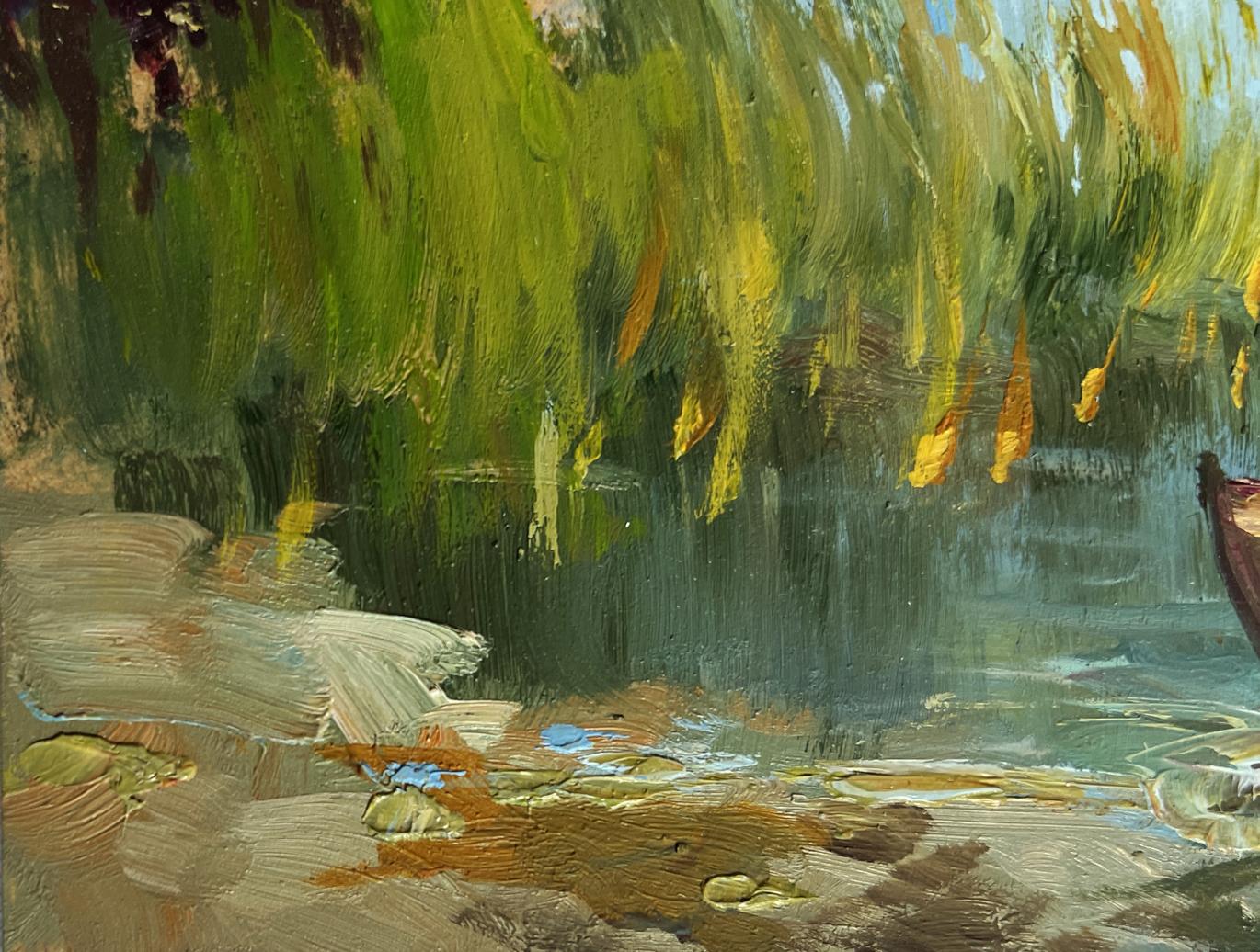 Oil painting of boat among reeds by Yuriy Suprunchuk, textured riverbank