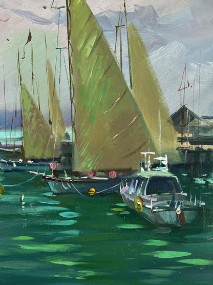 Impressionistic oil painting of sailboats with green sails docked at pier by Yuriy Suprunchuk