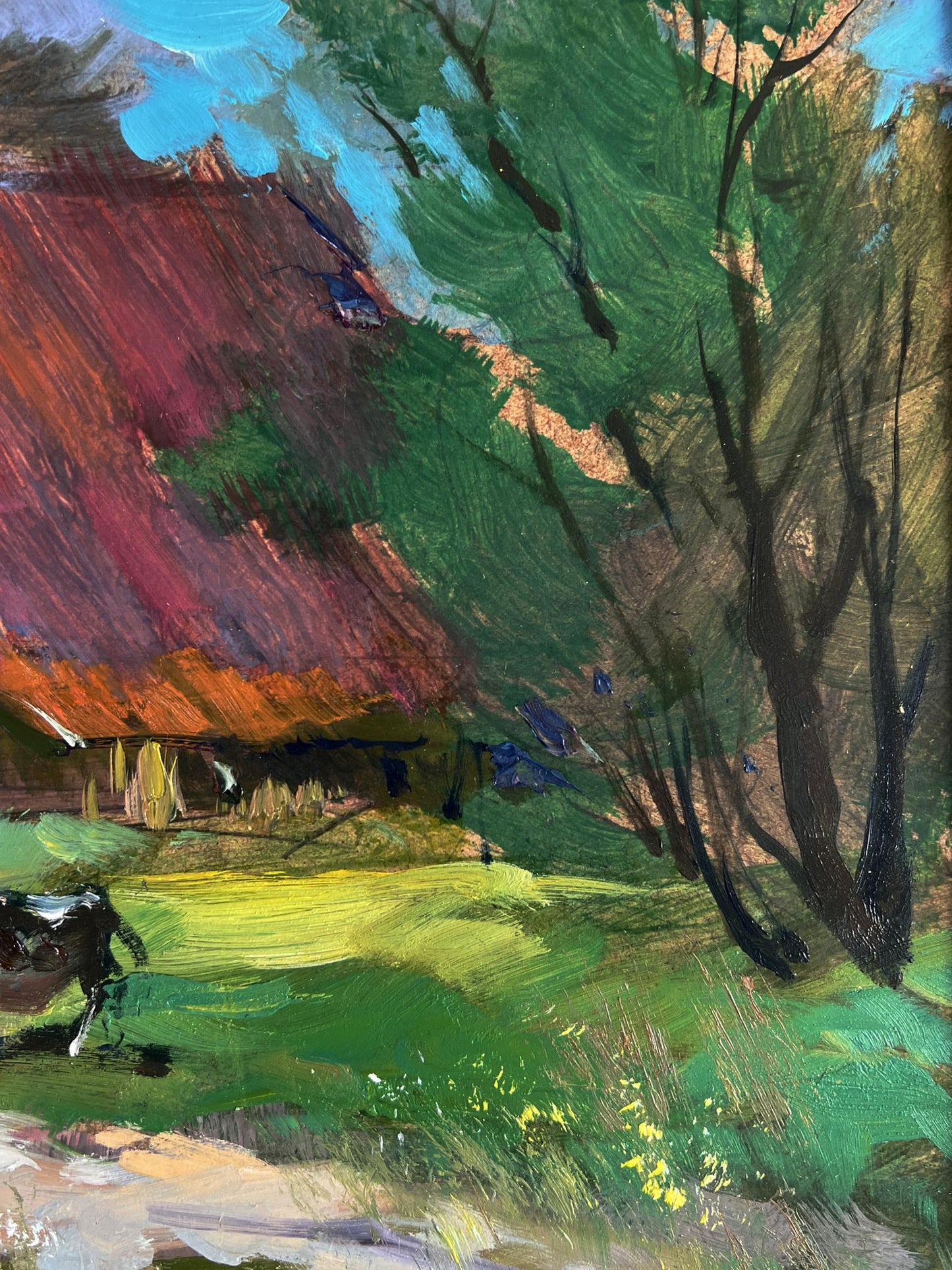 Oil painting The road to the village by Yuriy Suprunchuk: rustic cottage in lush greenery