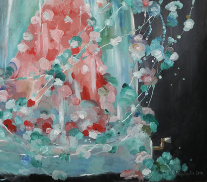 Oil painting Doll Victoria Kagalovska: vibrant cascading florals in pinks, teals, reds