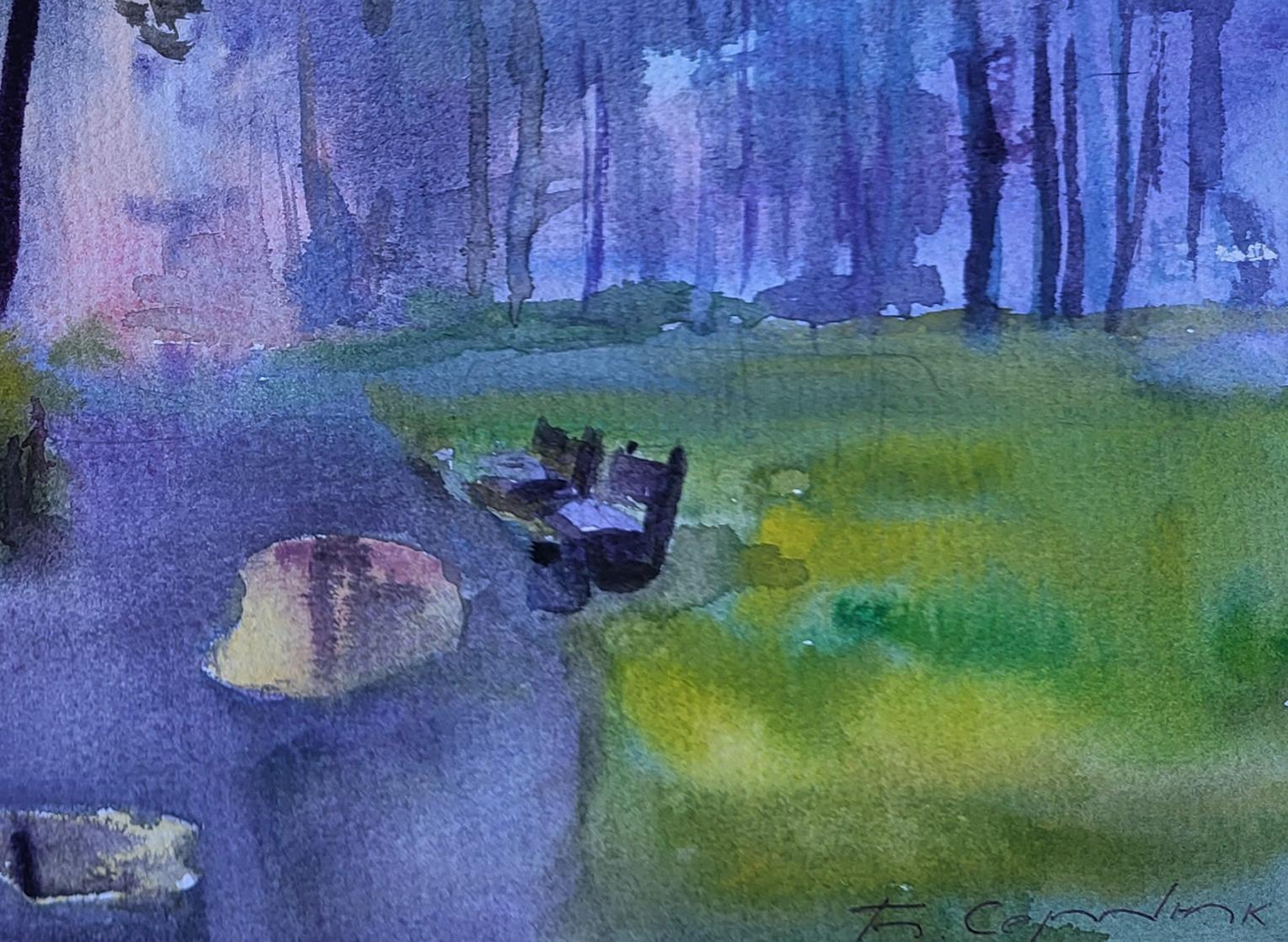 Watercolor painting Morning after rain by Boris Serdyuk: park bench in green-purple hues