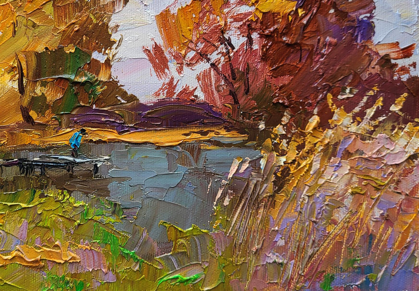 Oil painting On the autumn river by Boris Serdyuk vibrant dock scene