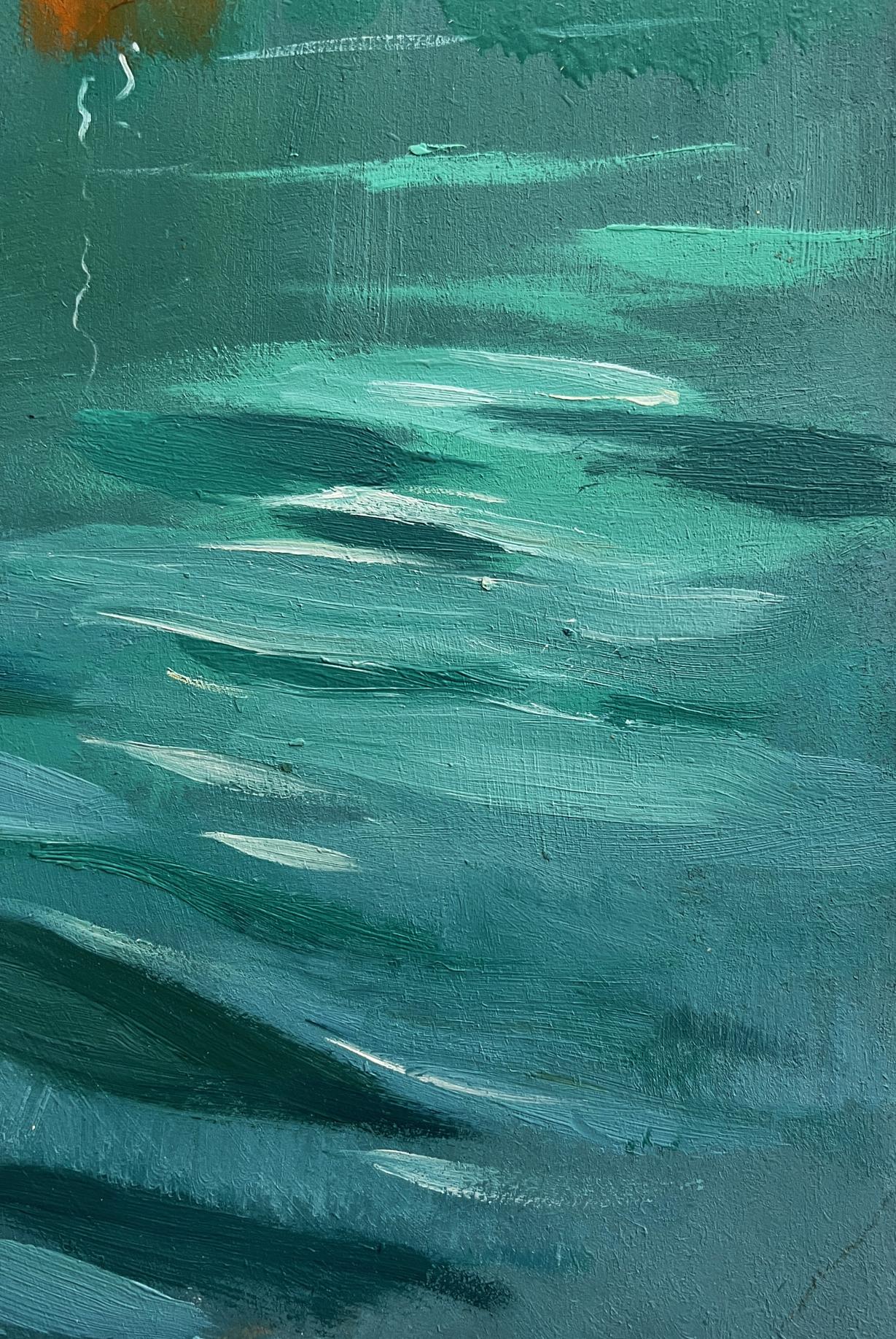 Oil painting The sea washes the mountains by Yuriy Suprunchuk in teal green tones