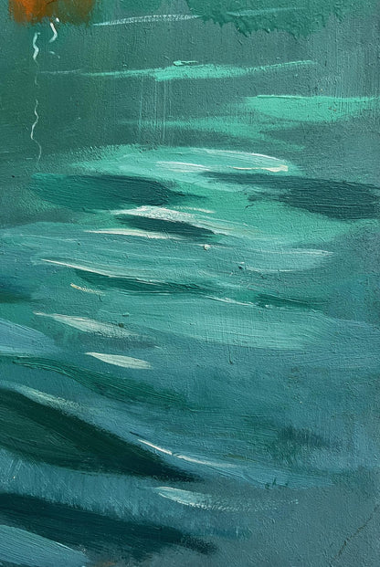 Oil painting The sea washes the mountains by Yuriy Suprunchuk in teal green tones