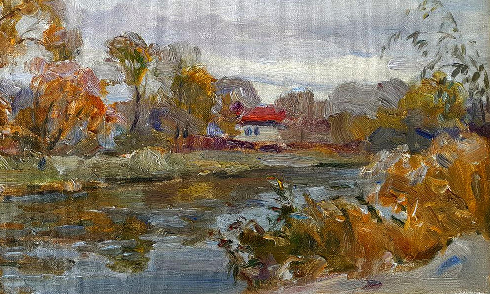 Oil painting by Ivan Kovalenko: rustic red-roofed house amid autumn trees reflected in winding forest river