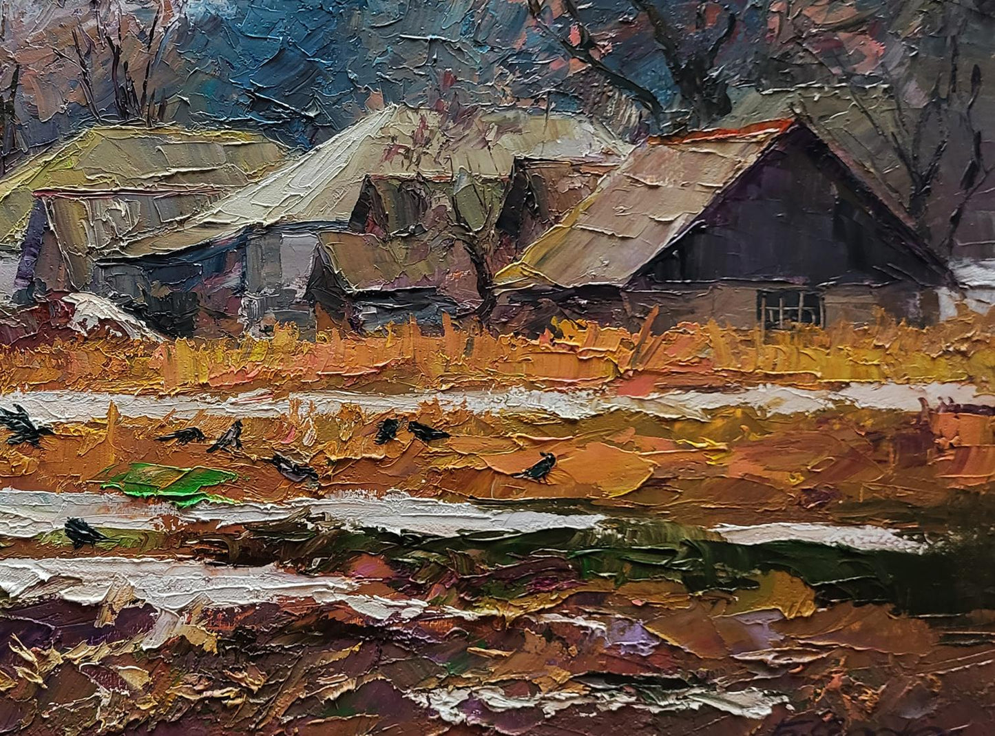 Impressionistic oil painting by Boris Serdyuk of snowy village houses