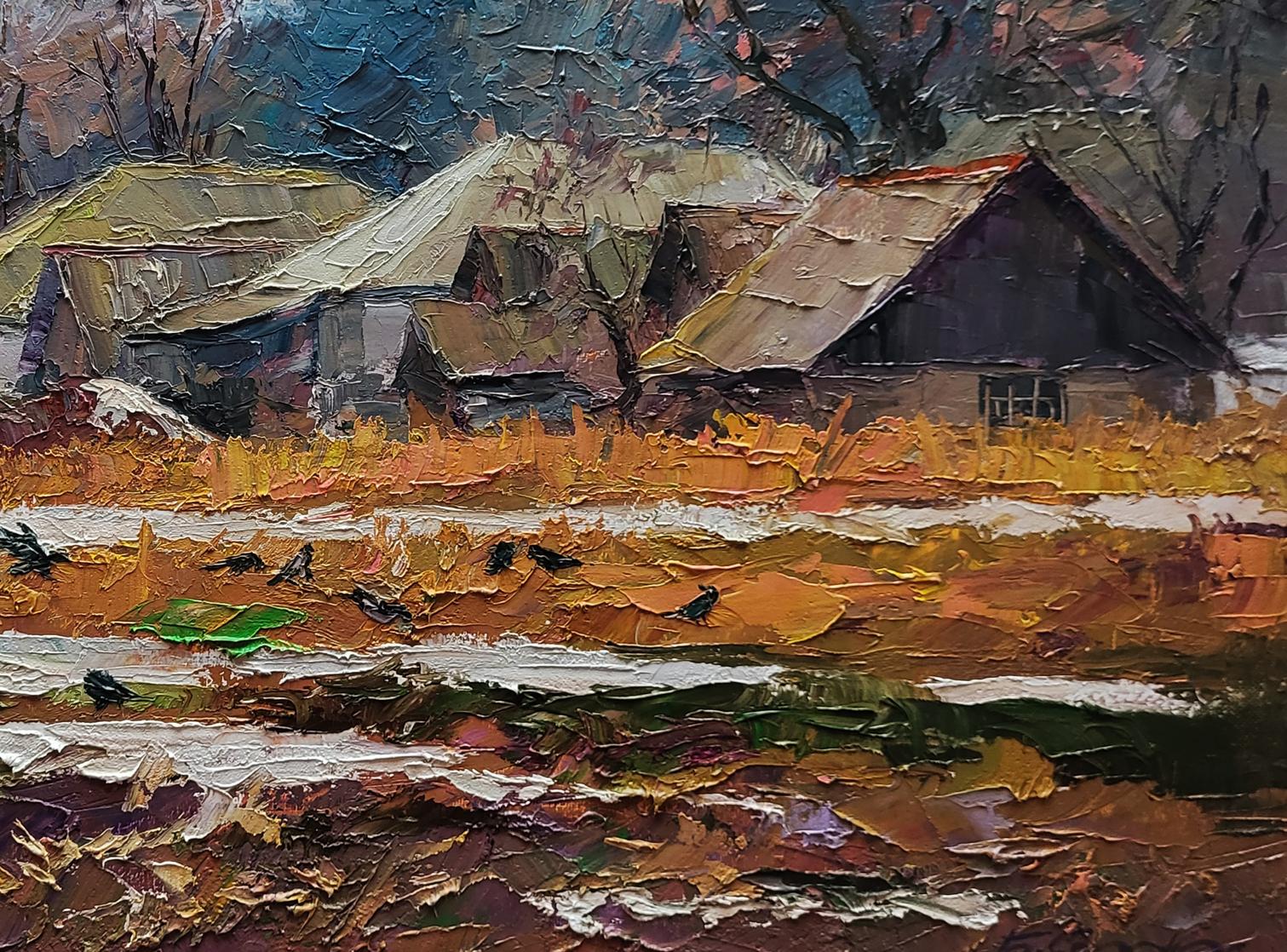 Impressionistic oil painting by Boris Serdyuk of snowy village houses
