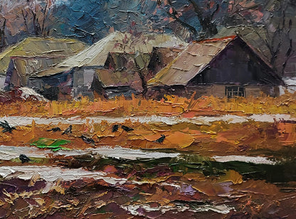 Impressionistic oil painting by Boris Serdyuk of snowy village houses