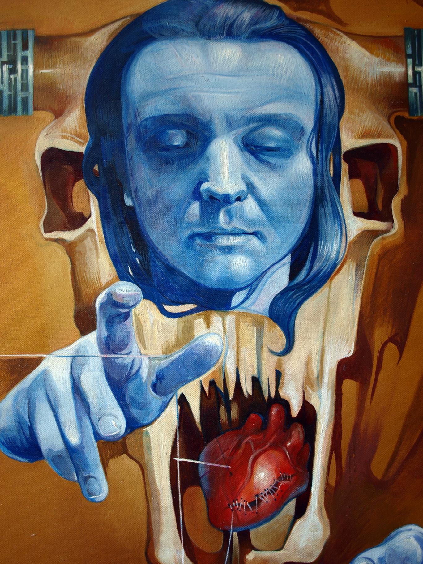 Surreal oil painting by Dharma Konsta G. Amelinn: blue figure points at red heart in skull