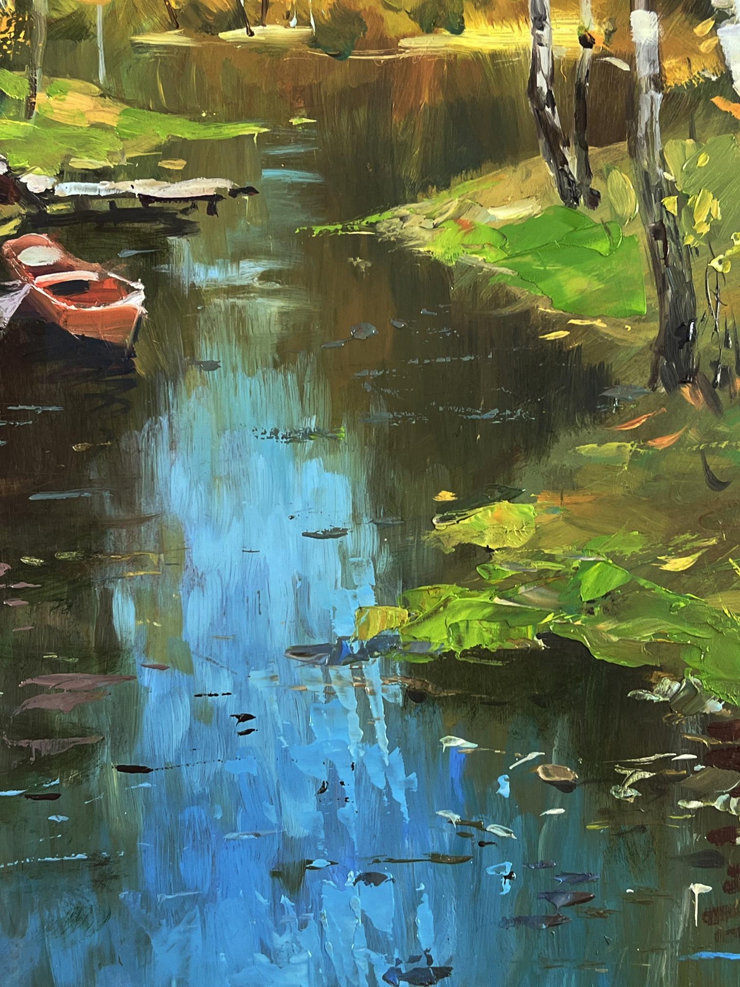 Oil painting of vibrant red rowboat on tranquil autumn forest river by Yuriy Suprunchuk