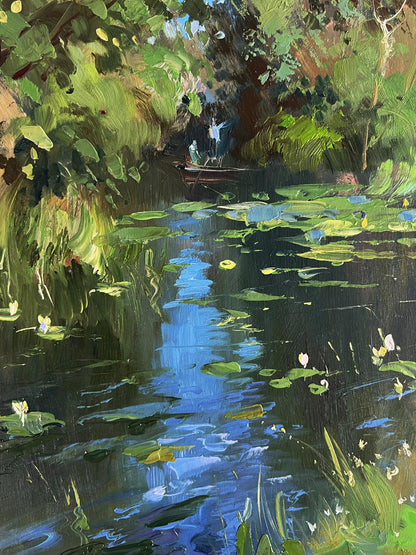 Serene impressionist oil painting of forest summer lake by Yuriy Suprunchuk