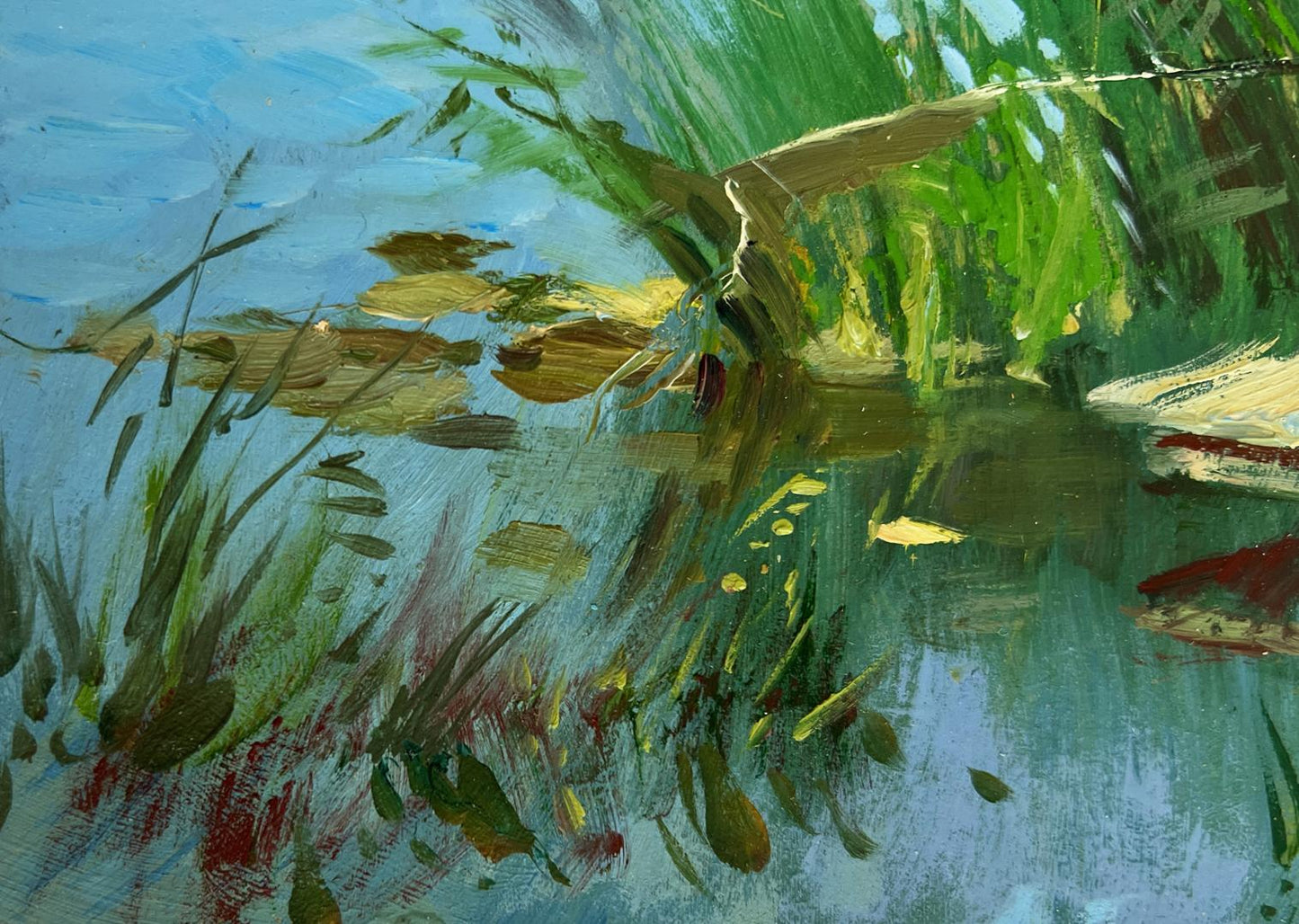 Vibrant impressionist oil painting of fishing duck by Yuriy Suprunchuk