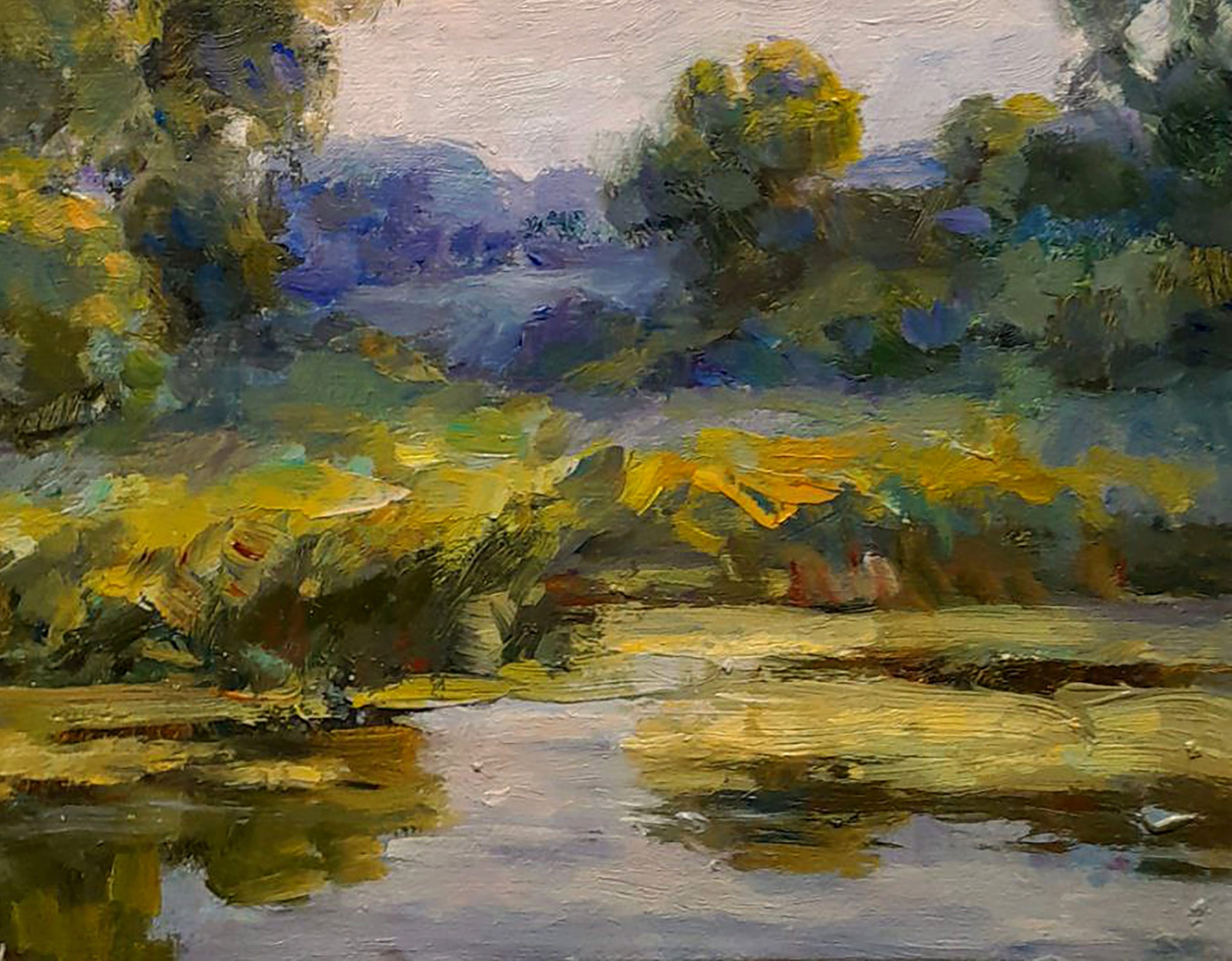 Oil painting Walking by the river by Ivan Kovalenko, vibrant impressionist landscape