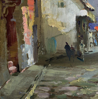 Oil painting Walking along the city street by Yuriy Suprunchuk: textured alleyway