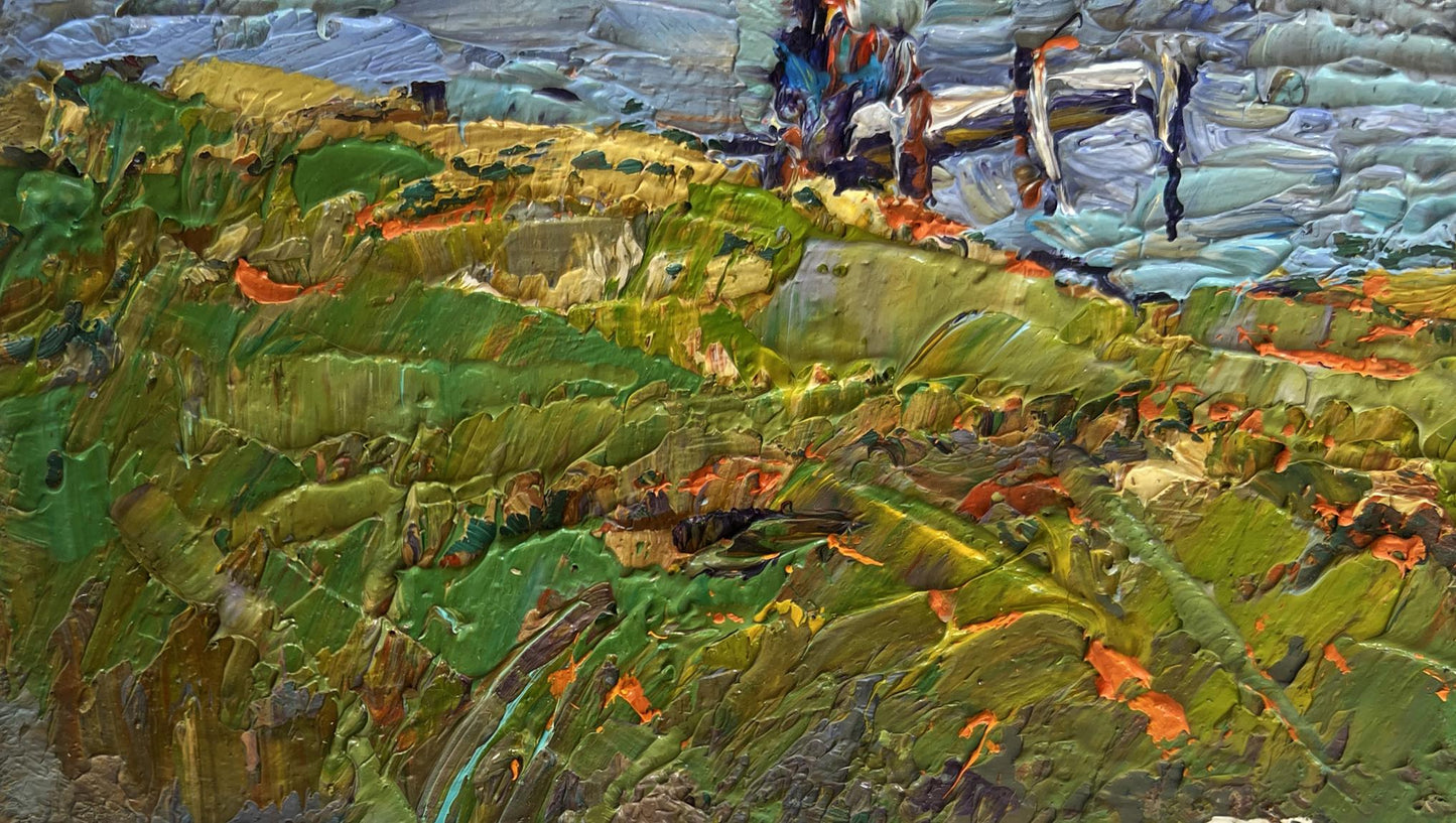 Oil painting Sailing on the River by Oleksiy Ivanyuk vibrant green ochre impasto landscape