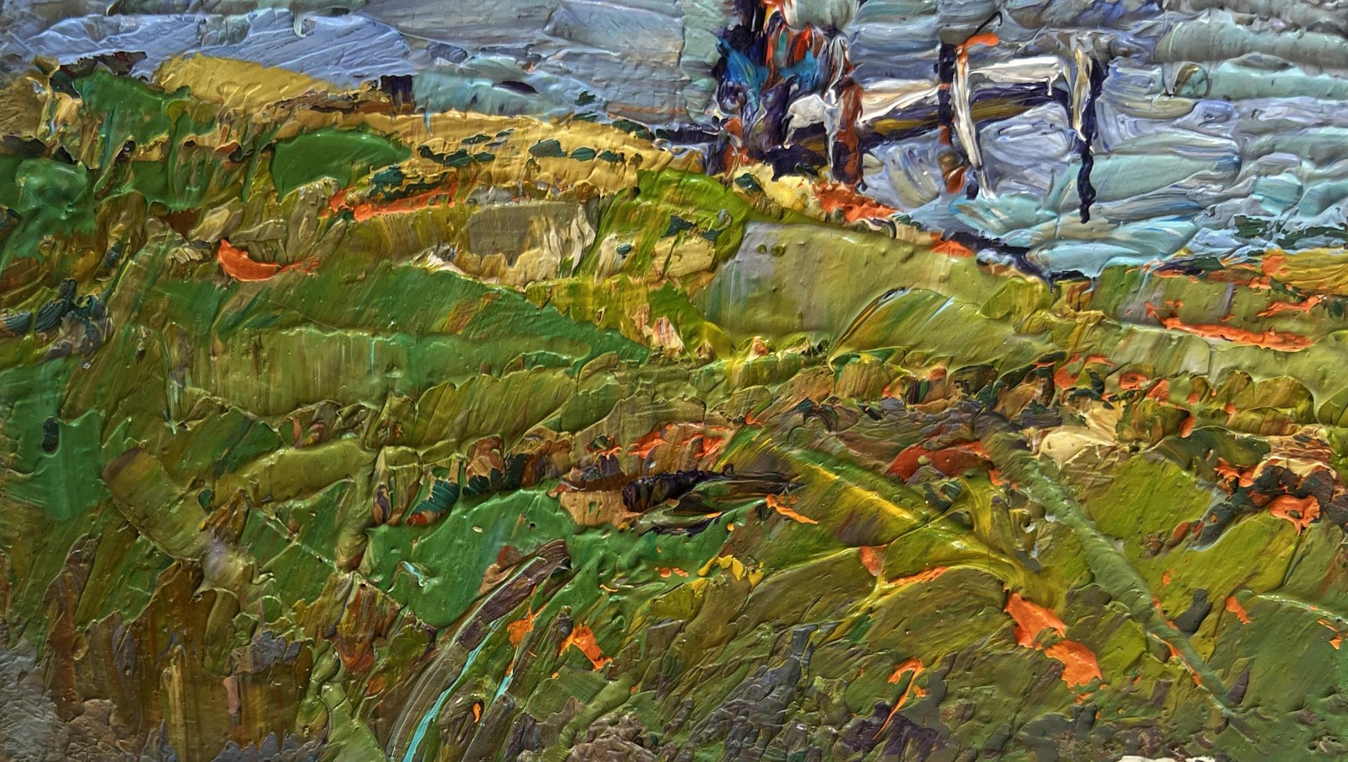 Oil painting Sailing on the River by Oleksiy Ivanyuk vibrant green ochre impasto landscape