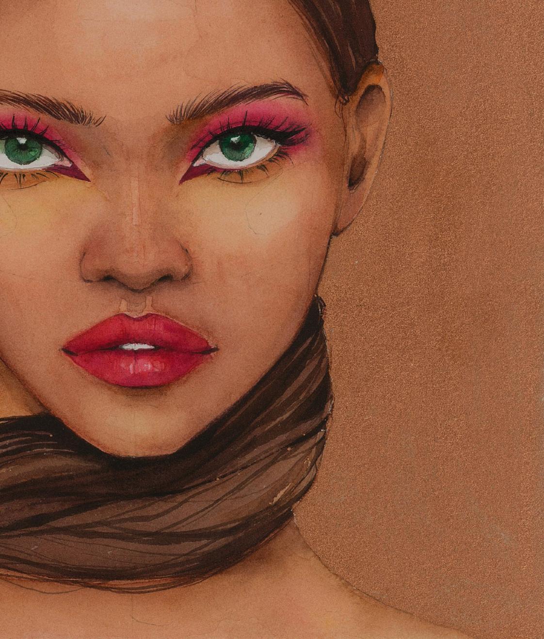 Watercolor painting of Lady in gold by Victoria Kagalovska with pink eyeshadow