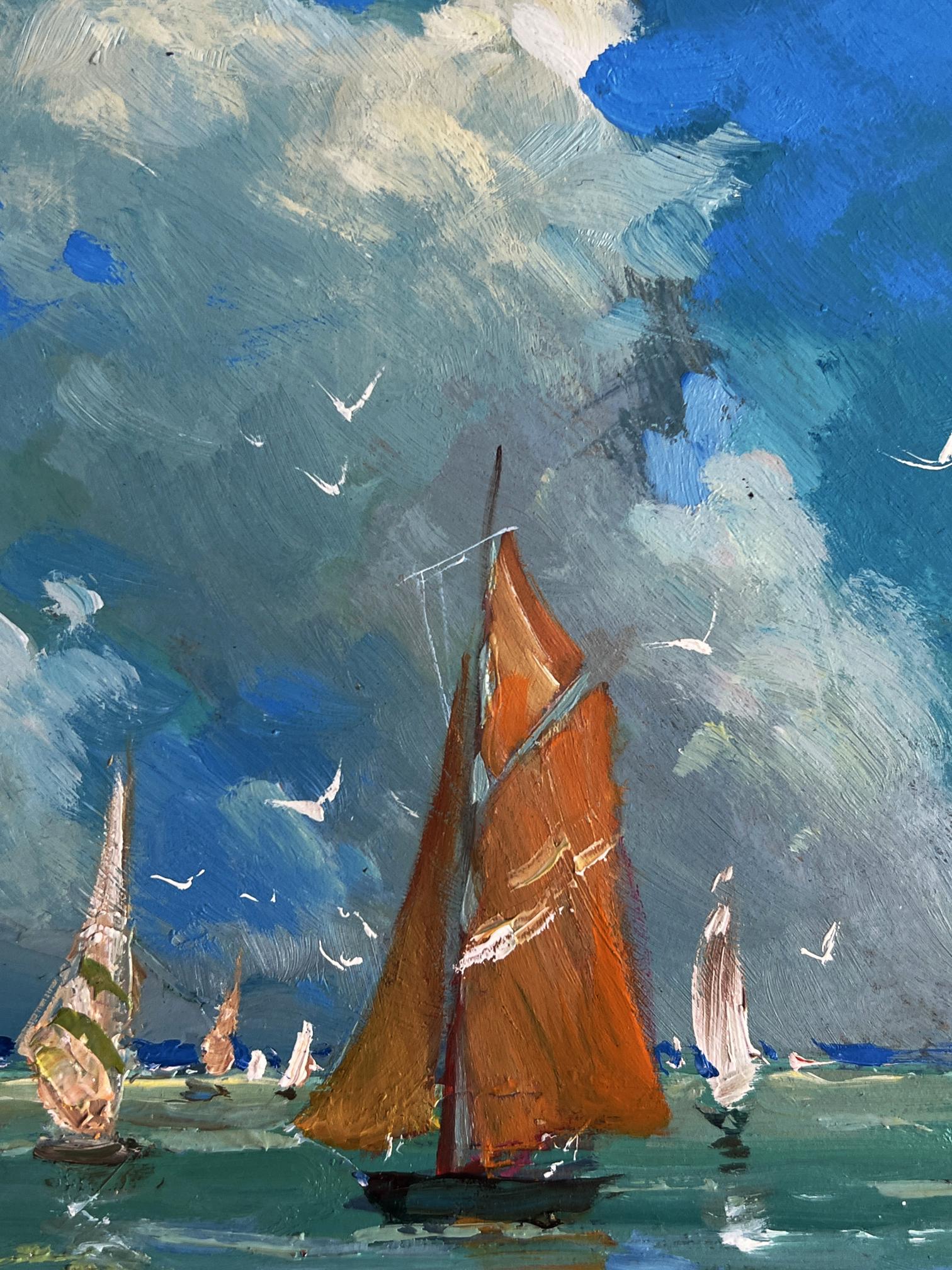 Oil painting of vibrant orange sailboat at sea by Yuriy Suprunchuk
