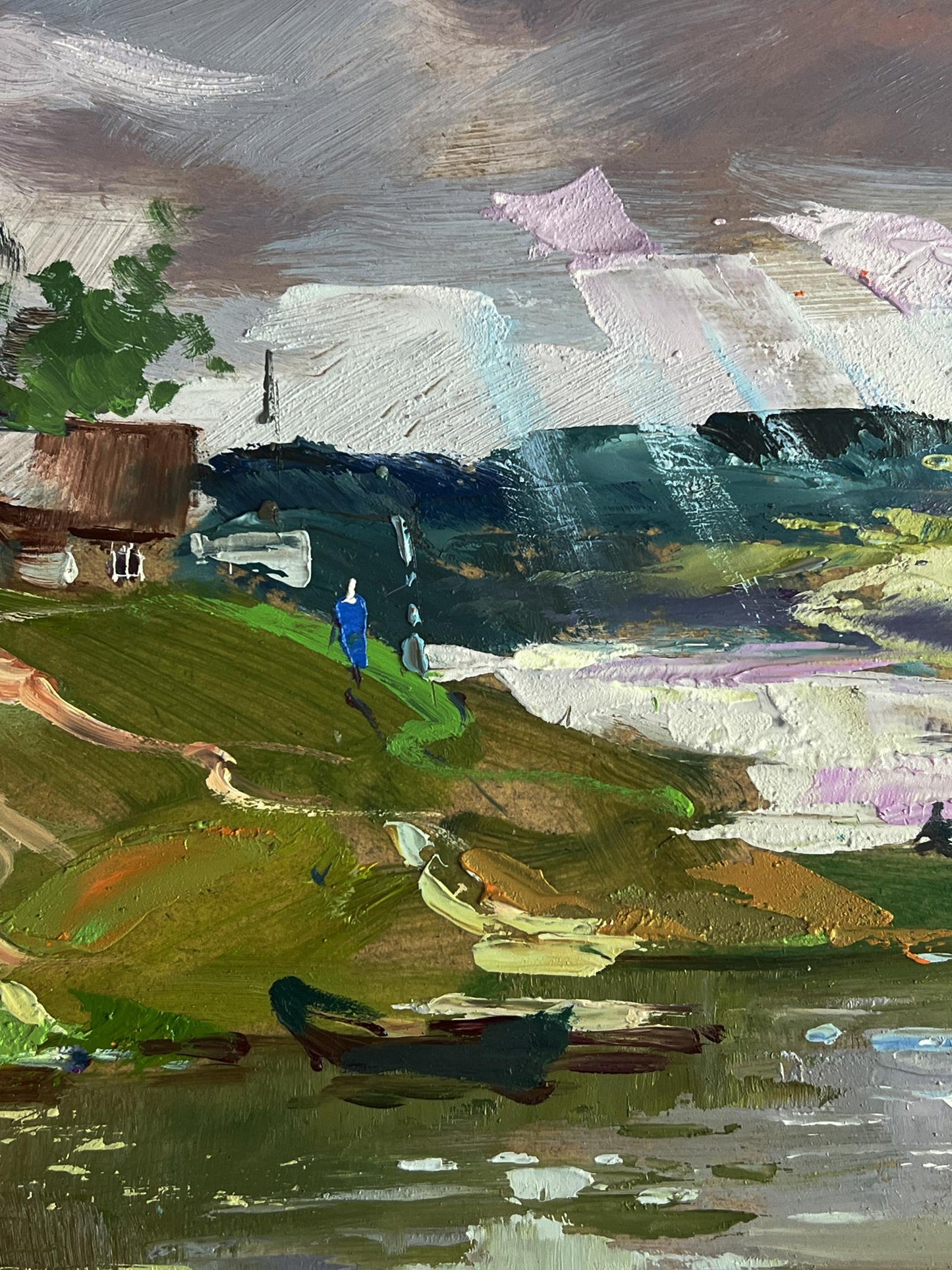 Impressionistic oil painting of river near village by Yuriy Suprunchuk