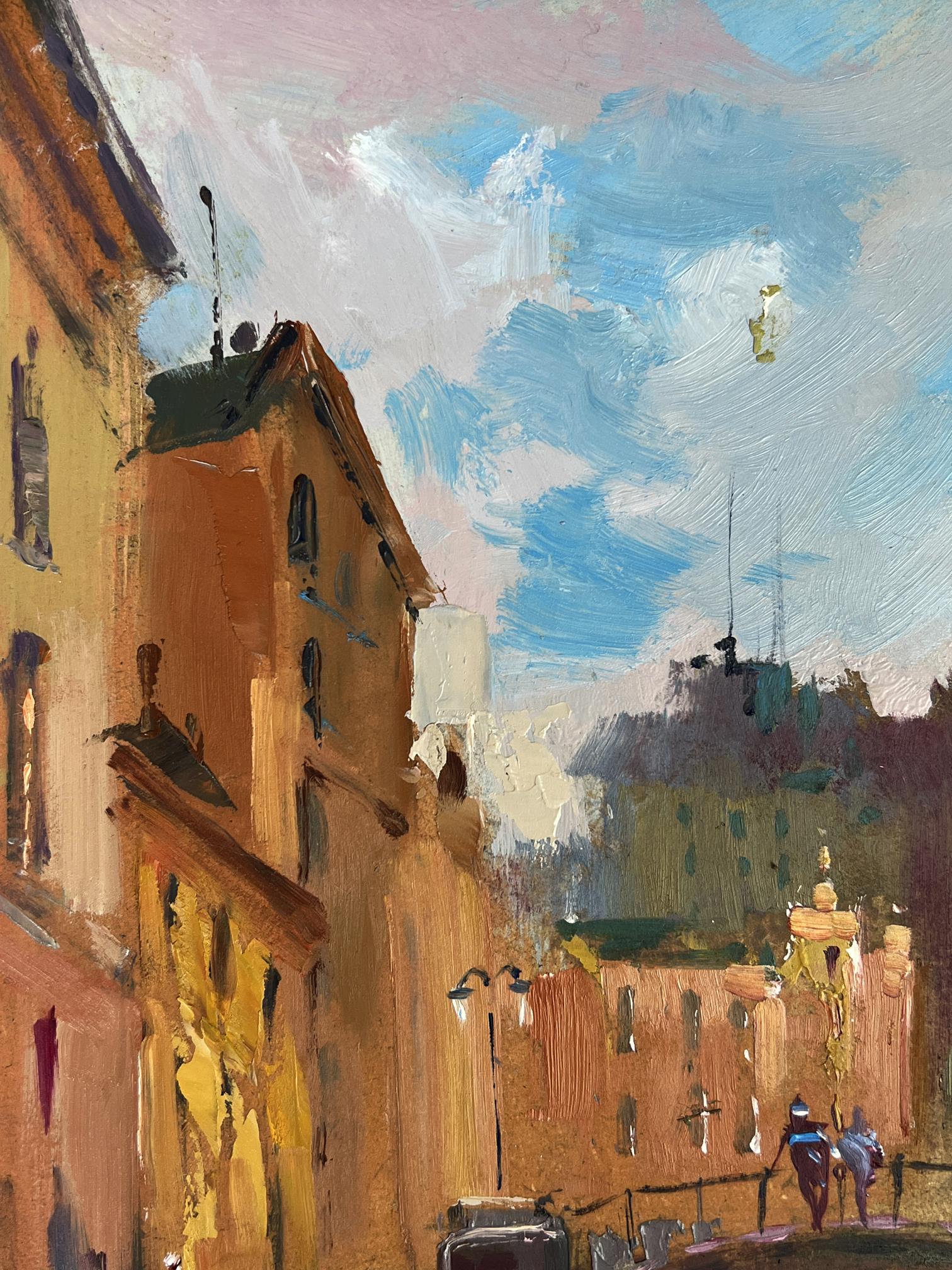 Warm-toned oil painting of city street with bridge by Yuriy Suprunchuk