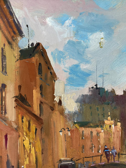 Warm-toned oil painting of city street with bridge by Yuriy Suprunchuk