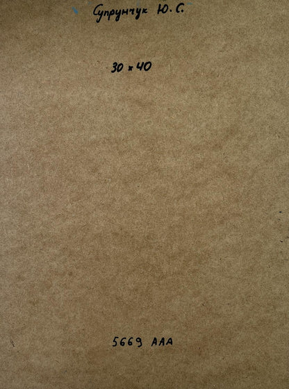 Back of Yuriy Suprunchuk oil painting At the village shore with brown textured paper Cyrillic text and numbers