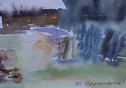Watercolor painting of Boris Serdyuk’s snowy house with purple roof