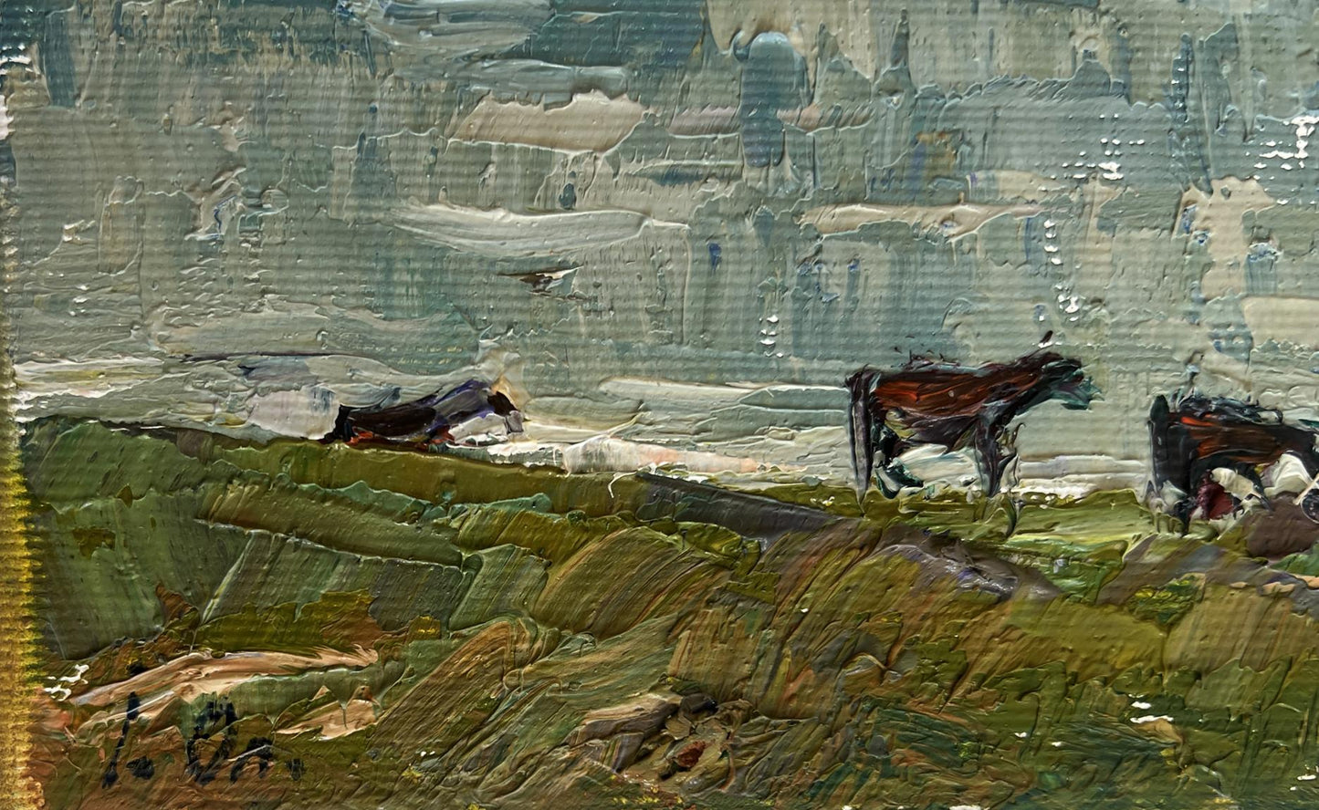 Impressionistic oil painting of dark horses at the watering hole by Oleksiy Ivanyuk