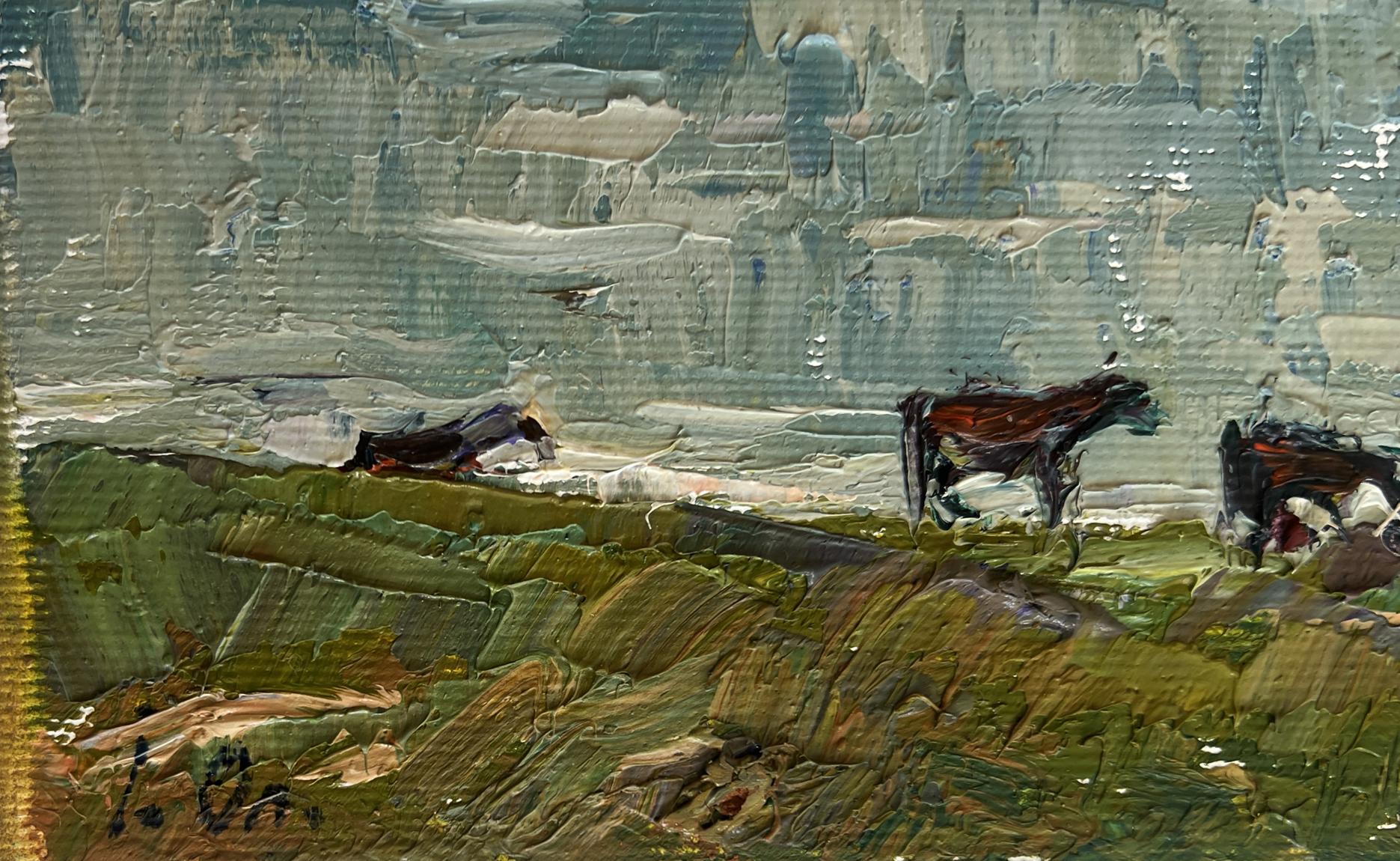 Impressionistic oil painting of dark horses at the watering hole by Oleksiy Ivanyuk