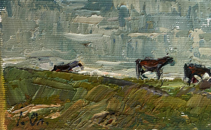 Impressionistic oil painting of dark horses at the watering hole by Oleksiy Ivanyuk
