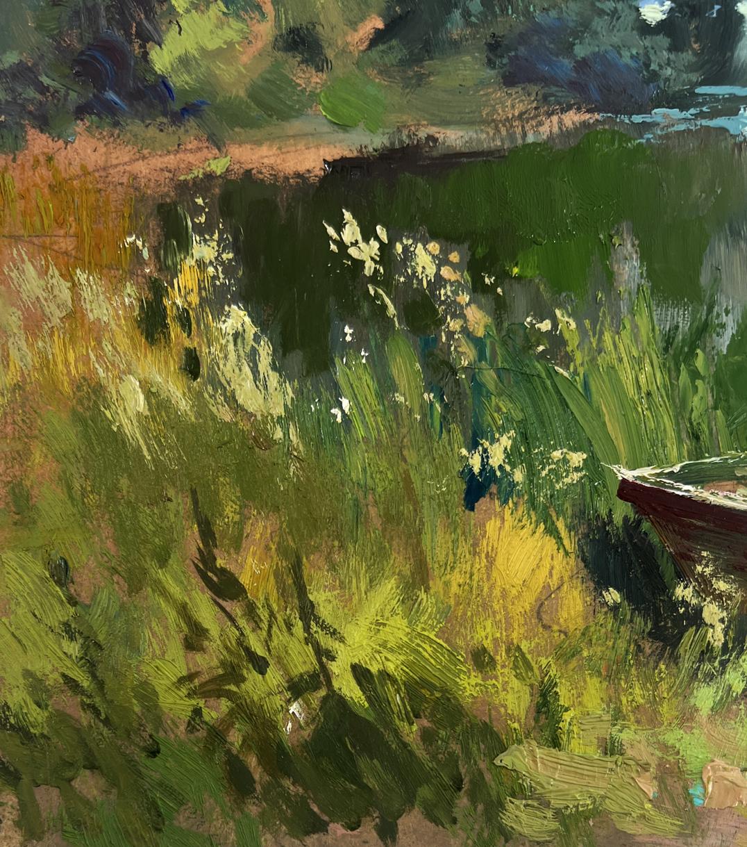 Oil painting of rustic red boat on green shoreline by Yuriy Suprunchuk