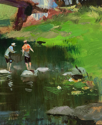 Vibrant impressionist oil painting by Yuriy Suprunchuk of figures wading in stream
