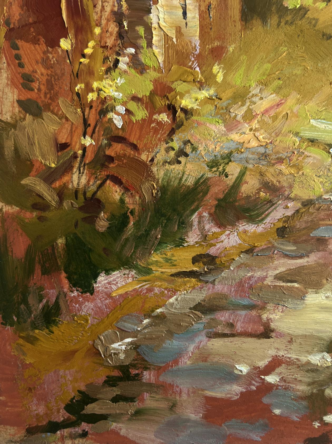Vibrant impressionist oil painting Autumn golden path by Yuriy Suprunchuk