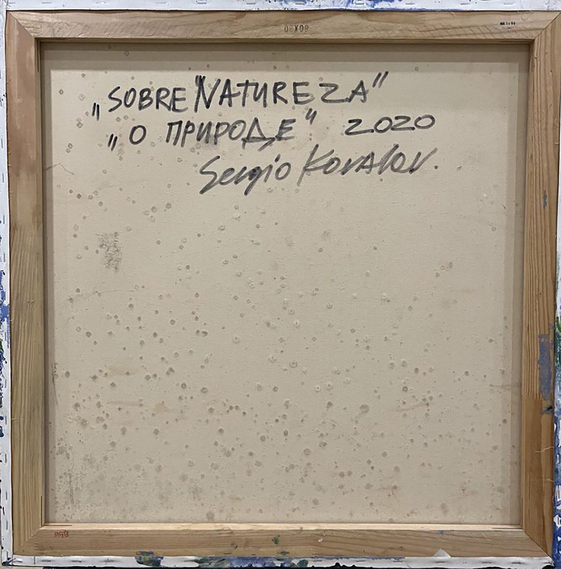 Back of Sobre Natureza oil painting by Serhiy Kovalev with handwritten text and wood frame