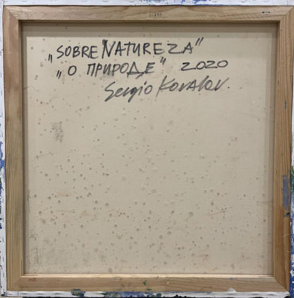 Back of Sobre Natureza oil painting by Serhiy Kovalev with handwritten text and wood frame