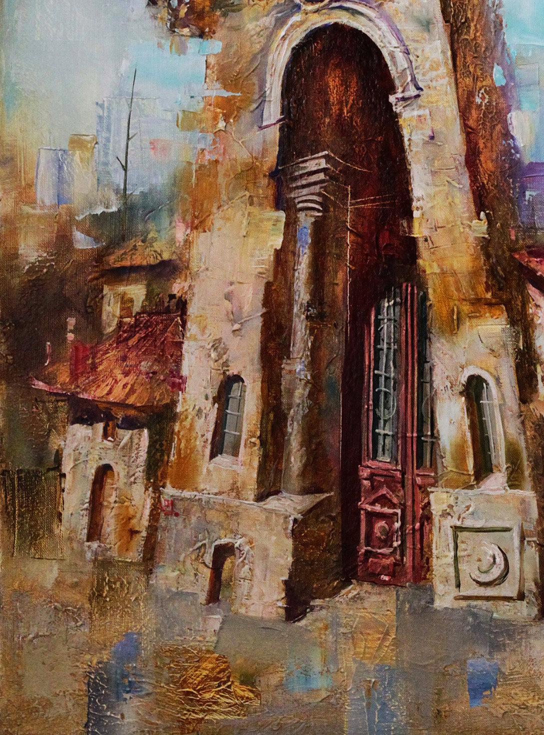 Oil painting Memories by Alexander Dobrodiy: textured stone archway with red door