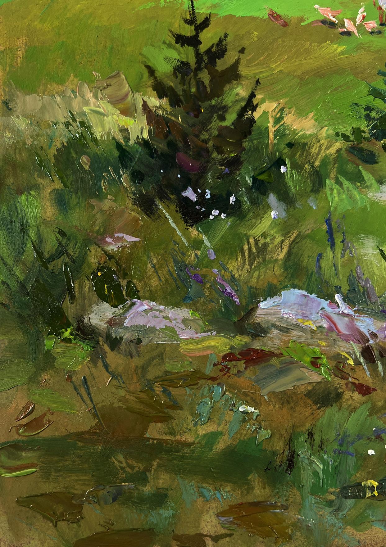 Oil painting Morning with cows by Yuriy Suprunchuk with dark green pine tree
