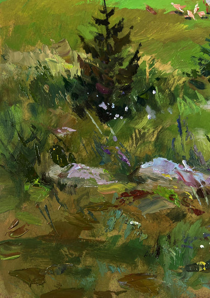 Oil painting Morning with cows by Yuriy Suprunchuk with dark green pine tree