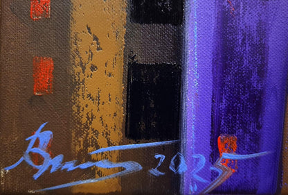 Oil painting Urban sunset by Sergiy Voichenko with purple, yellow, black, red accents