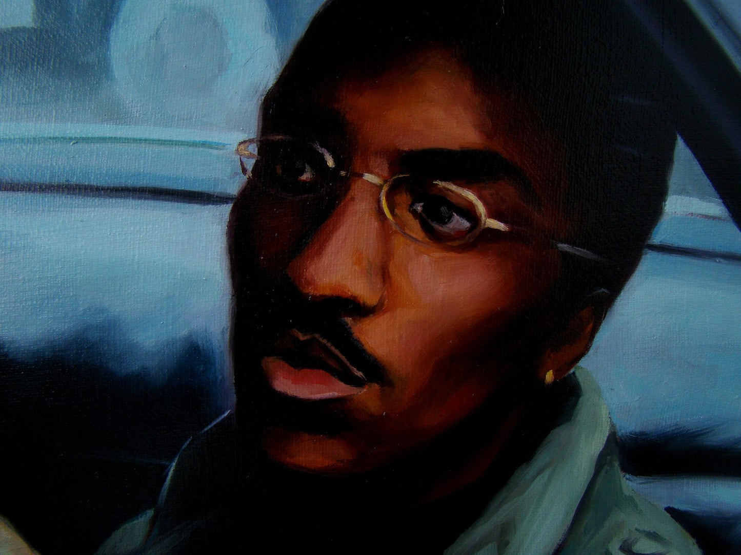 Oil painting portrait of Eminem by Yulia Lihina, dark-skinned man in glasses
