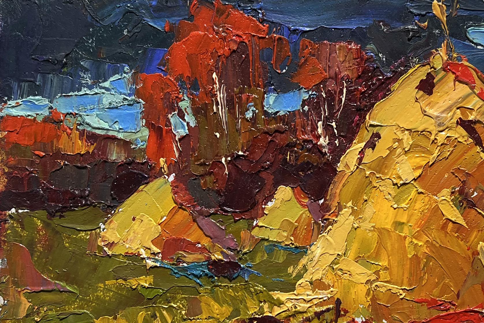 Vibrant impressionist oil painting of autumn fields and haystacks by Oleksiy Ivanyuk