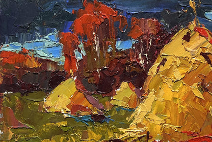 Vibrant impressionist oil painting of autumn fields and haystacks by Oleksiy Ivanyuk