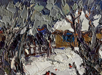 Textured impasto oil painting of bullfinch in snowy yard by Oksana Ivanyuk