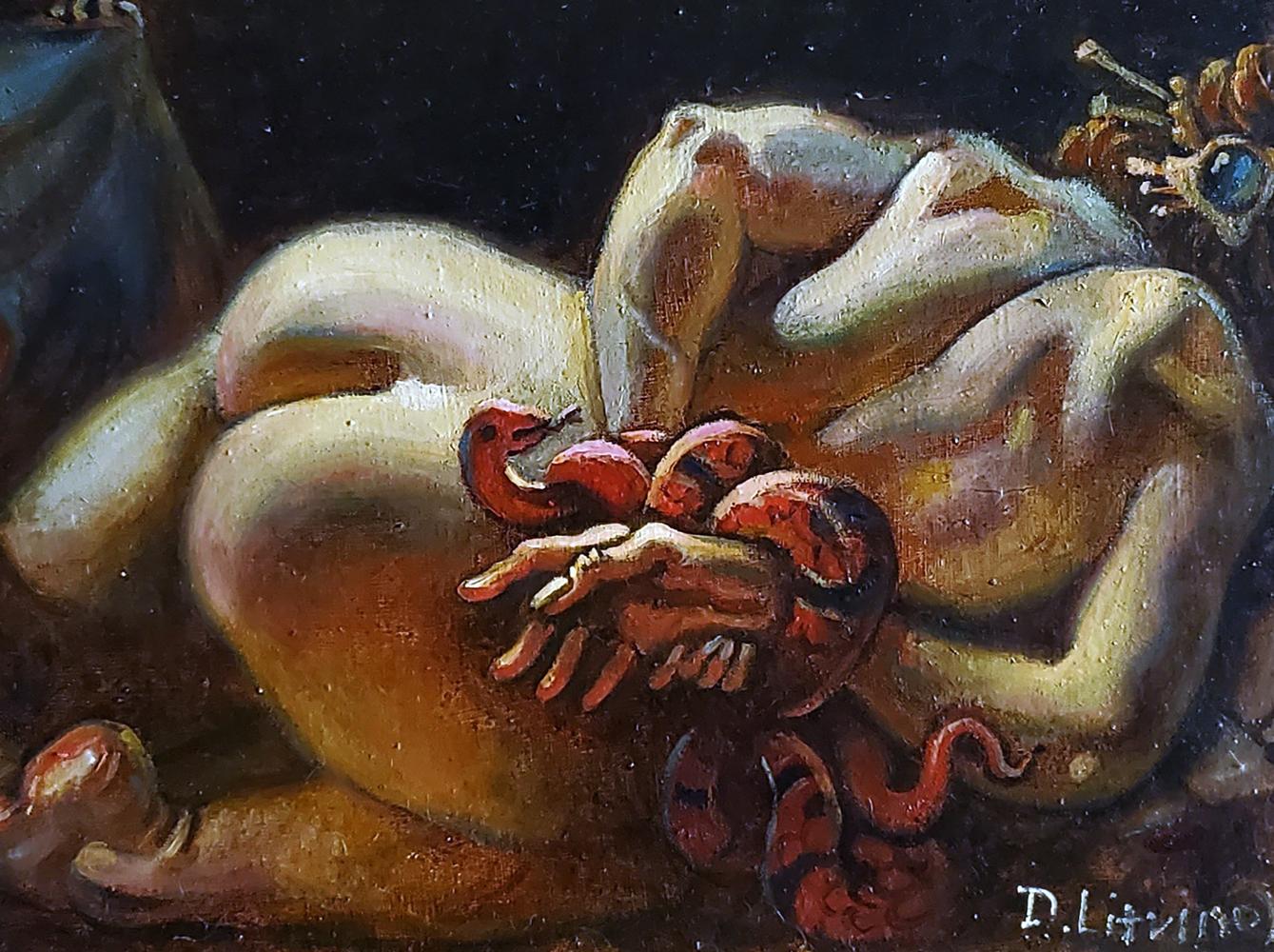 Nude pale figure curled around red snake oil painting by Daniil Litvinov