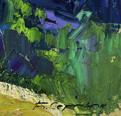 Oil painting The river flows along the forest by Boris Serdyuk, vibrant green blue purple abstract