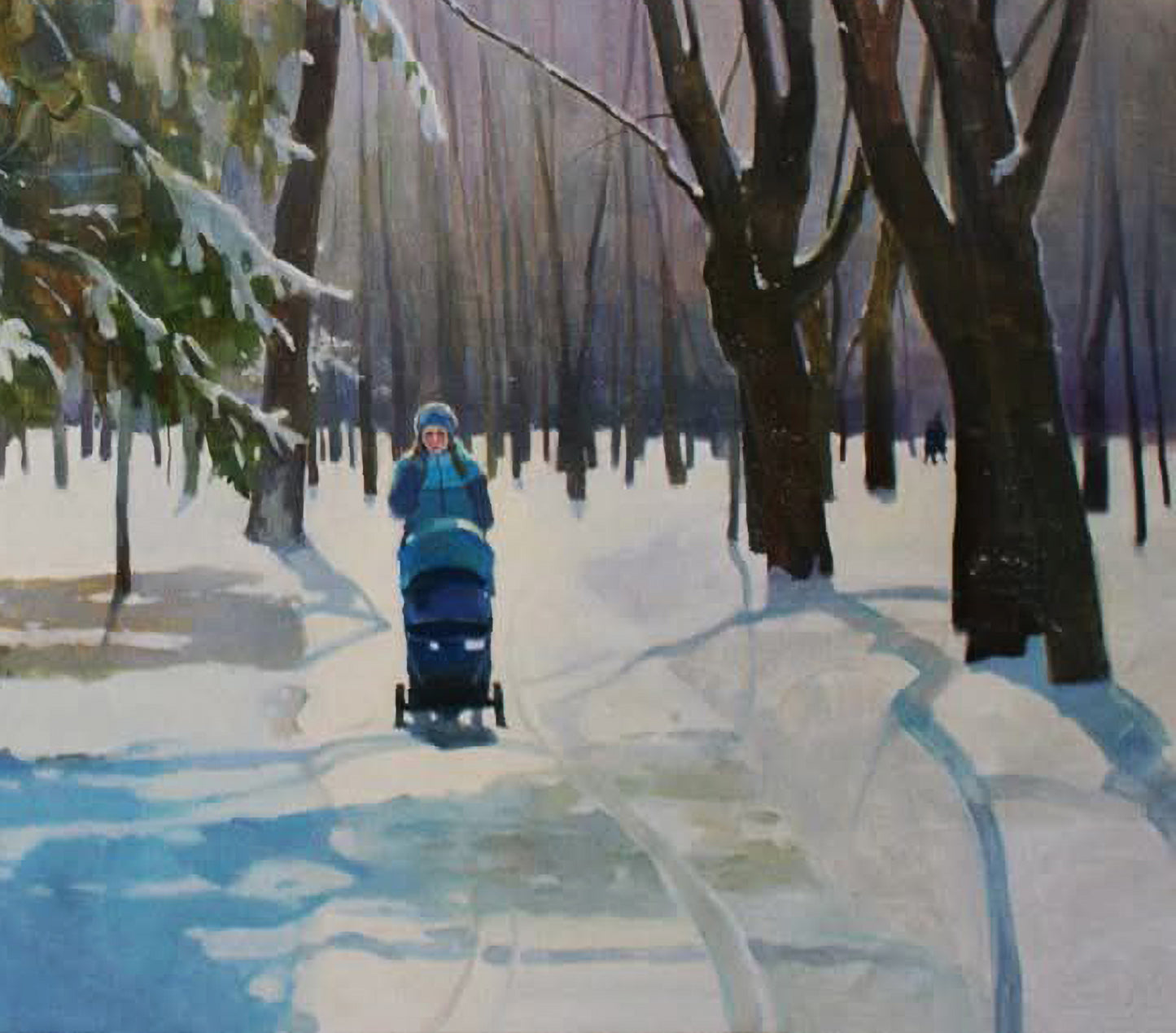 Oil painting by Anastasia Yaroshevich: person pushes stroller on snowy path